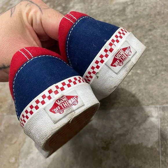 Vans Classic Slip-On | Red, White & Blue Checkerboard Trim Sneakers - Picture 4 of 7